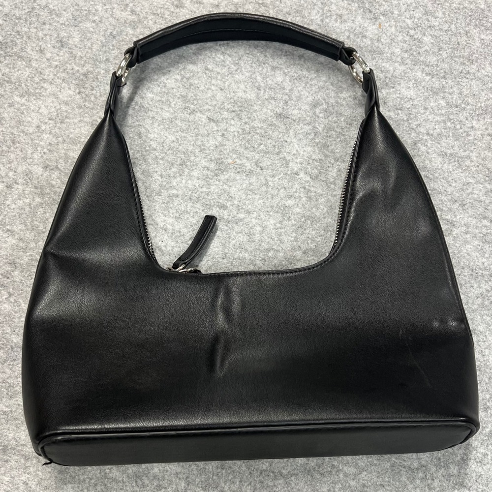 Petite Simone Black Vegan Leather Hobo Shoulder Bag‎ Minimalist Silver Hardware